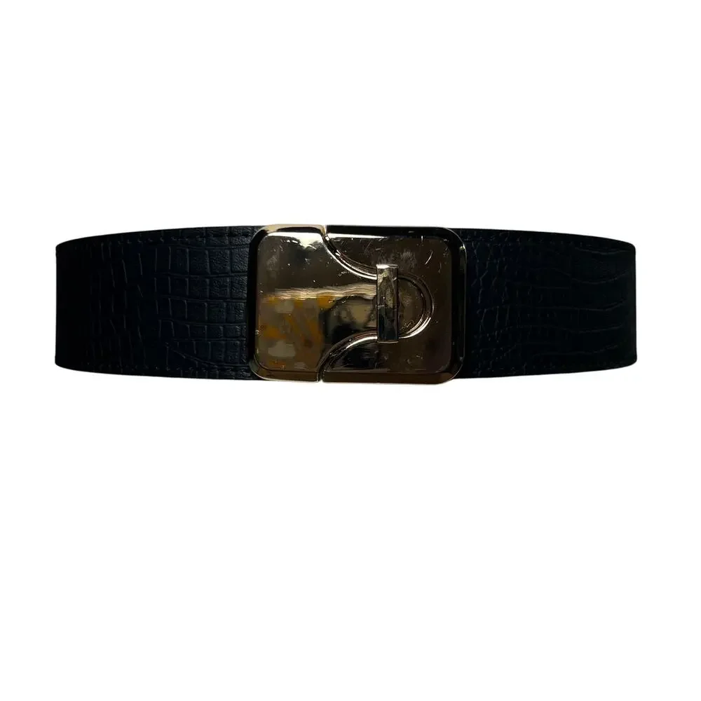 Vintage 90s Sz Small Gold Twist Lock Buckle Stretch Belt Black Faux Leather